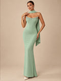 Women's Sophisticated Mint Green Strapless Beaded Corset Lace-Up Back Maxi Evening Dress