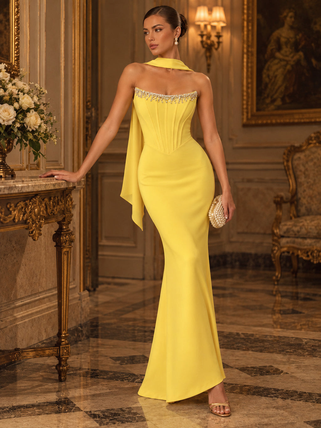 Women's Sophisticated Mint Green Strapless Beaded Corset Lace-Up Back Maxi Evening Dress