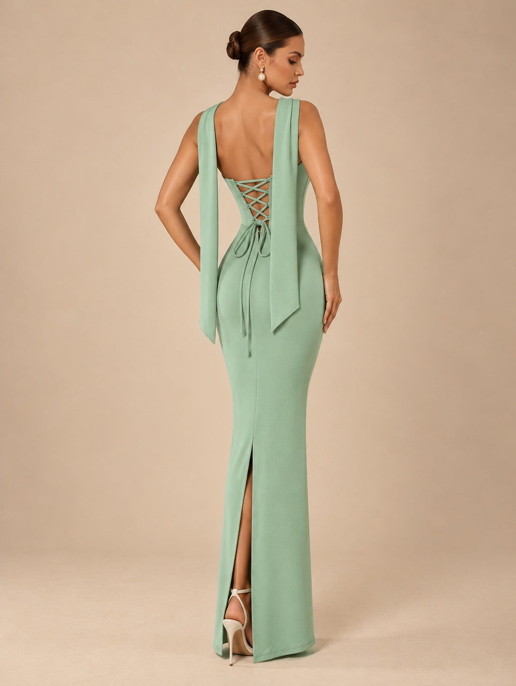 Women's Sophisticated Mint Green Strapless Beaded Corset Lace-Up Back Maxi Evening Dress