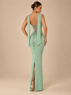 Women's Sophisticated Mint Green Strapless Beaded Corset Lace-Up Back Maxi Evening Dress