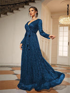 Women’s Navy Blue Elegant Glitter Mesh V-Neck Long Sleeve A-Line Maxi Dress with Tassel Tie Waist