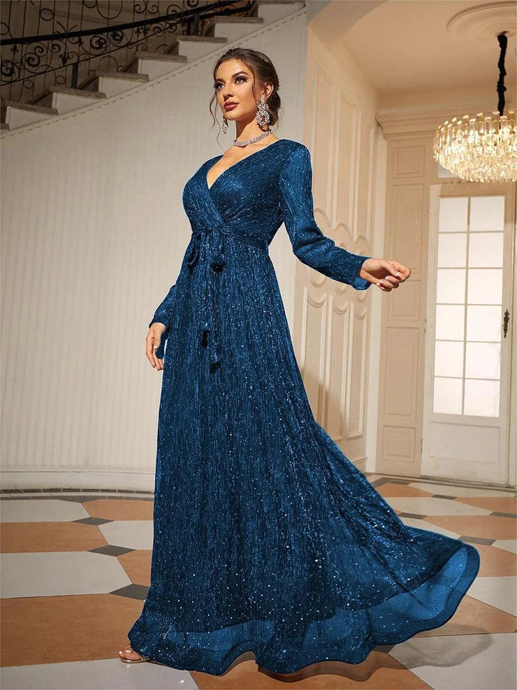 Women’s Navy Blue Elegant Glitter Mesh V-Neck Long Sleeve A-Line Maxi Dress with Tassel Tie Waist