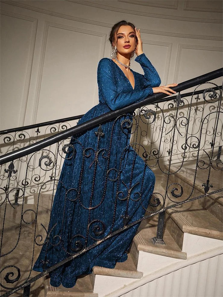 Women’s Navy Blue Elegant Glitter Mesh V-Neck Long Sleeve A-Line Maxi Dress with Tassel Tie Waist