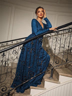 Women’s Navy Blue Elegant Glitter Mesh V-Neck Long Sleeve A-Line Maxi Dress with Tassel Tie Waist