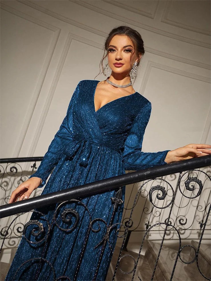 Women’s Navy Blue Elegant Glitter Mesh V-Neck Long Sleeve A-Line Maxi Dress with Tassel Tie Waist