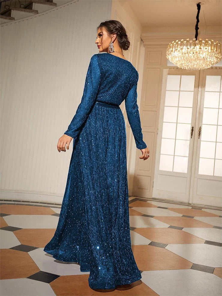 Women’s Navy Blue Elegant Glitter Mesh V-Neck Long Sleeve A-Line Maxi Dress with Tassel Tie Waist