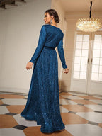 Women’s Navy Blue Elegant Glitter Mesh V-Neck Long Sleeve A-Line Maxi Dress with Tassel Tie Waist