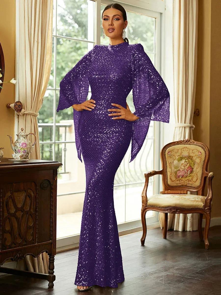 Women’s Apricot Glamorous Sequin Polyester Blend High Neck Bell Sleeve Regular Mermaid Maxi Prom Dress