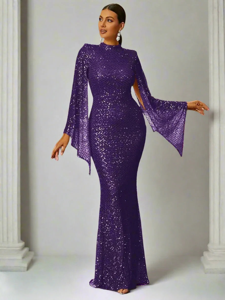 Women’s Apricot Glamorous Sequin Polyester Blend High Neck Bell Sleeve Regular Mermaid Maxi Prom Dress