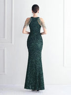 Women’s Burgundy Glamorous Sequin Halter Neck Sleeveless High Slit Mermaid Maxi Dress with Beaded Fringe