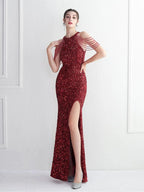 Women’s Burgundy Glamorous Sequin Halter Neck Sleeveless High Slit Mermaid Maxi Dress with Beaded Fringe