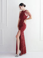 Women’s Burgundy Glamorous Sequin Halter Neck Sleeveless High Slit Mermaid Maxi Dress with Beaded Fringe