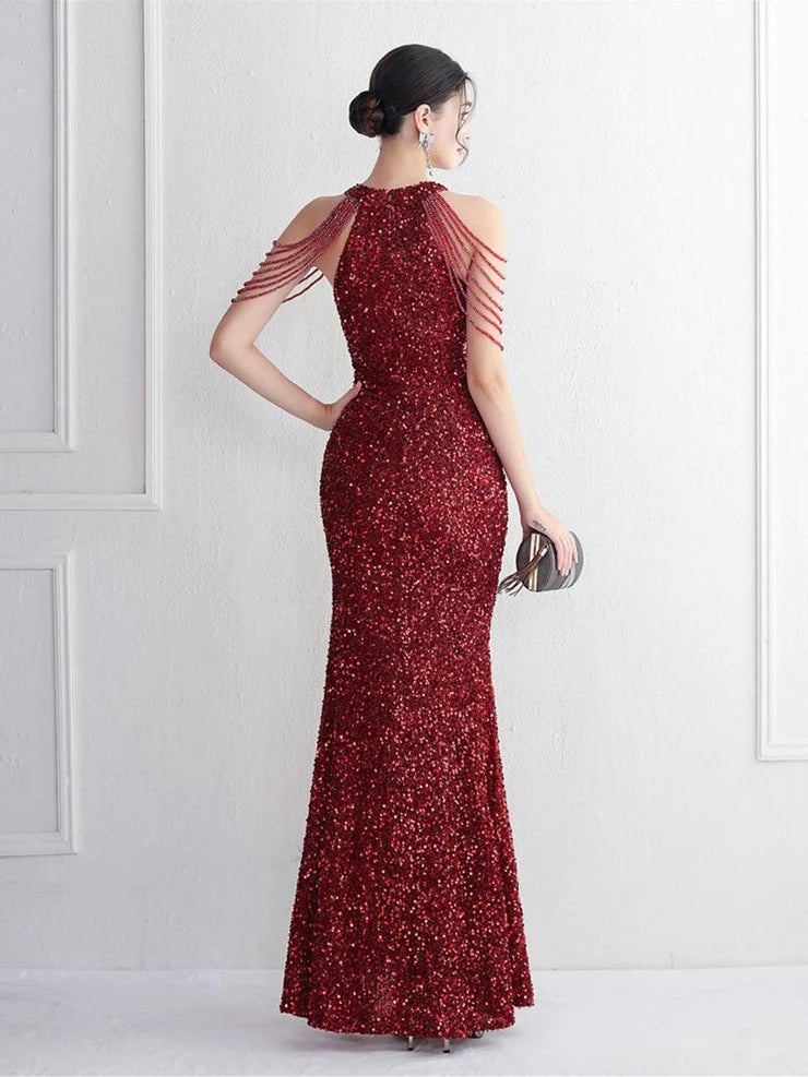 Women’s Burgundy Glamorous Sequin Halter Neck Sleeveless High Slit Mermaid Maxi Dress with Beaded Fringe