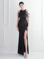 Women’s Burgundy Glamorous Sequin Halter Neck Sleeveless High Slit Mermaid Maxi Dress with Beaded Fringe