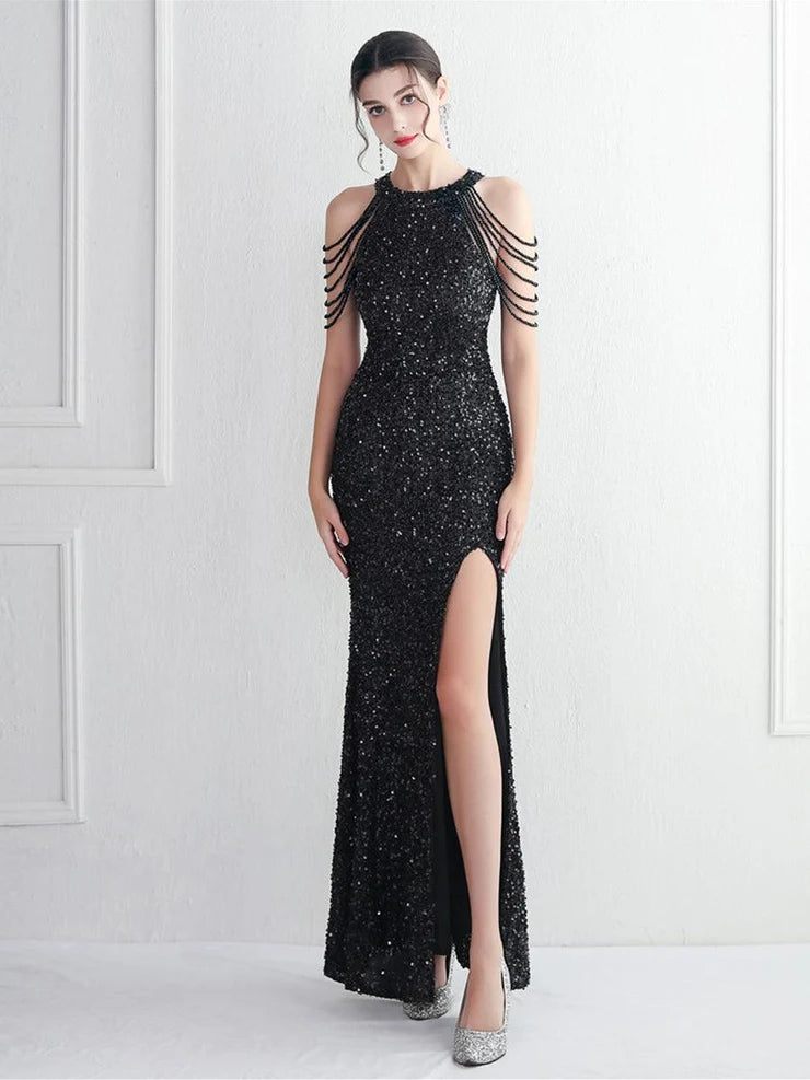 Women’s Burgundy Glamorous Sequin Halter Neck Sleeveless High Slit Mermaid Maxi Dress with Beaded Fringe
