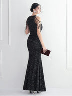 Women’s Burgundy Glamorous Sequin Halter Neck Sleeveless High Slit Mermaid Maxi Dress with Beaded Fringe