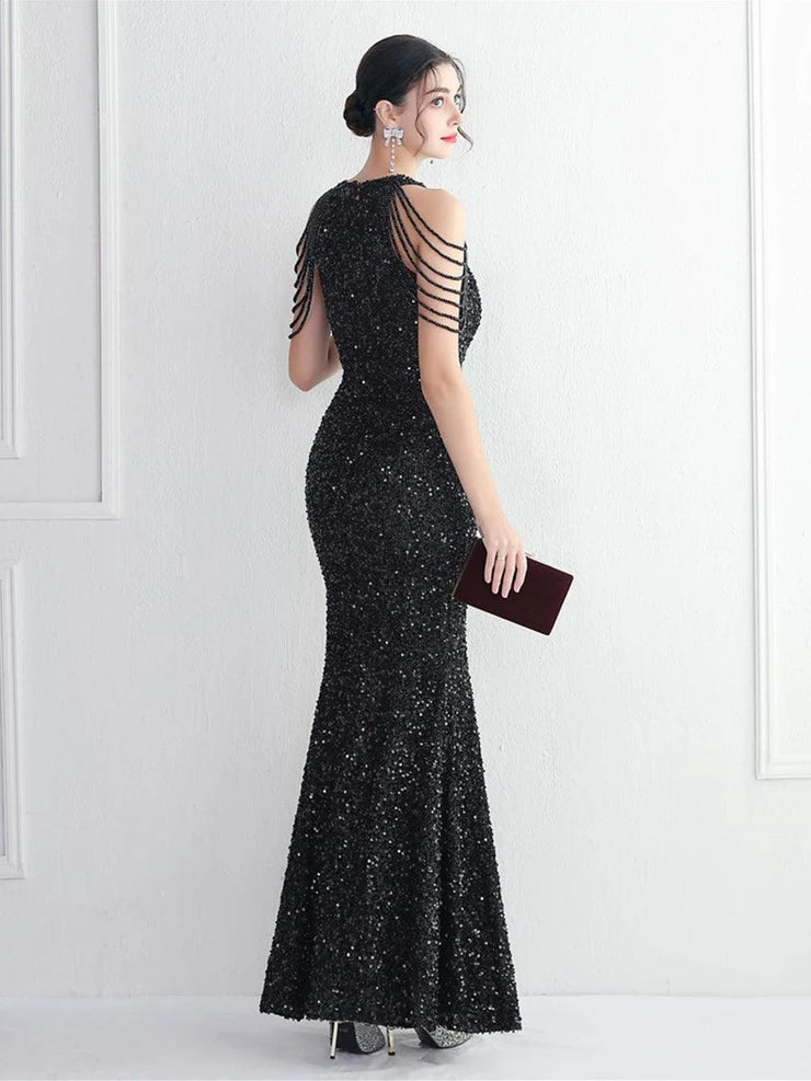 Women’s Burgundy Glamorous Sequin Halter Neck Sleeveless High Slit Mermaid Maxi Dress with Beaded Fringe