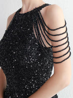 Women’s Burgundy Glamorous Sequin Halter Neck Sleeveless High Slit Mermaid Maxi Dress with Beaded Fringe