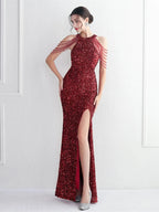 Women’s Burgundy Glamorous Sequin Halter Neck Sleeveless High Slit Mermaid Maxi Dress with Beaded Fringe