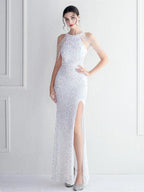 Women’s Burgundy Glamorous Sequin Halter Neck Sleeveless High Slit Mermaid Maxi Dress with Beaded Fringe