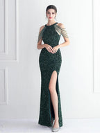 Women’s Burgundy Glamorous Sequin Halter Neck Sleeveless High Slit Mermaid Maxi Dress with Beaded Fringe