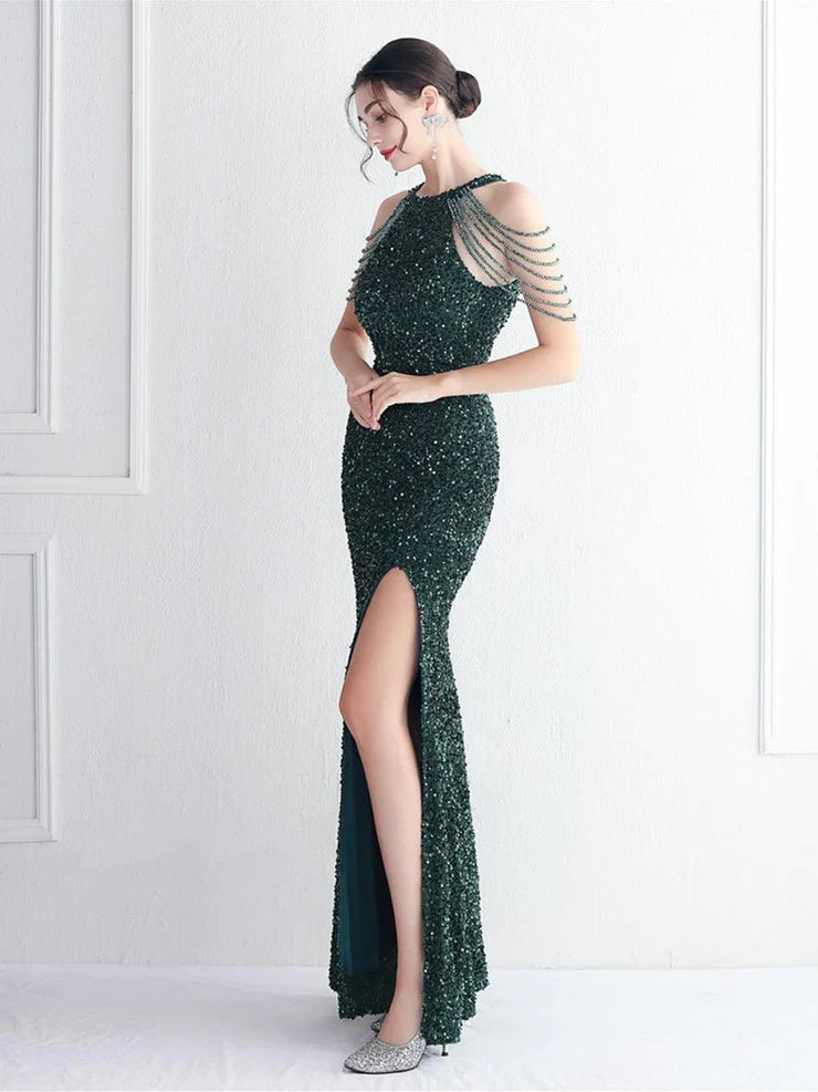 Women’s Burgundy Glamorous Sequin Halter Neck Sleeveless High Slit Mermaid Maxi Dress with Beaded Fringe
