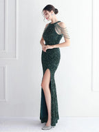 Women’s Burgundy Glamorous Sequin Halter Neck Sleeveless High Slit Mermaid Maxi Dress with Beaded Fringe