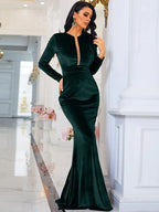 Women’s Dark Green Elegant Velvet V-Neck Long Sleeve Mermaid Maxi Dress with Sheer Mesh Detail