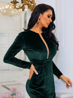 Women’s Dark Green Elegant Velvet V-Neck Long Sleeve Mermaid Maxi Dress with Sheer Mesh Detail