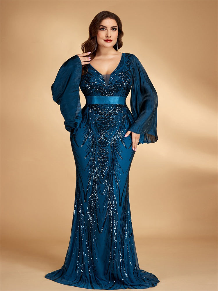 Women’s Teal Blue Elegant Sequin V-Neck Long Bell Sleeve Mermaid Maxi Dress with Pleated Chiffon Detail