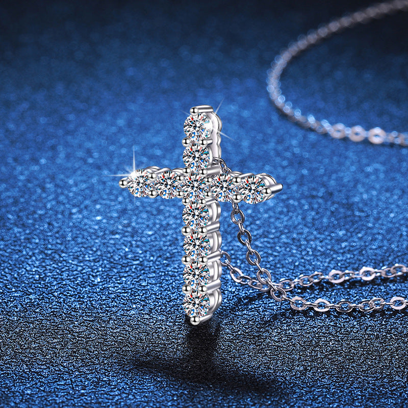 S925 Sterling Silver Round-Cut Moissanite Cross Pendant Necklace – 0.33CT / 0.66CT / 1.1CT