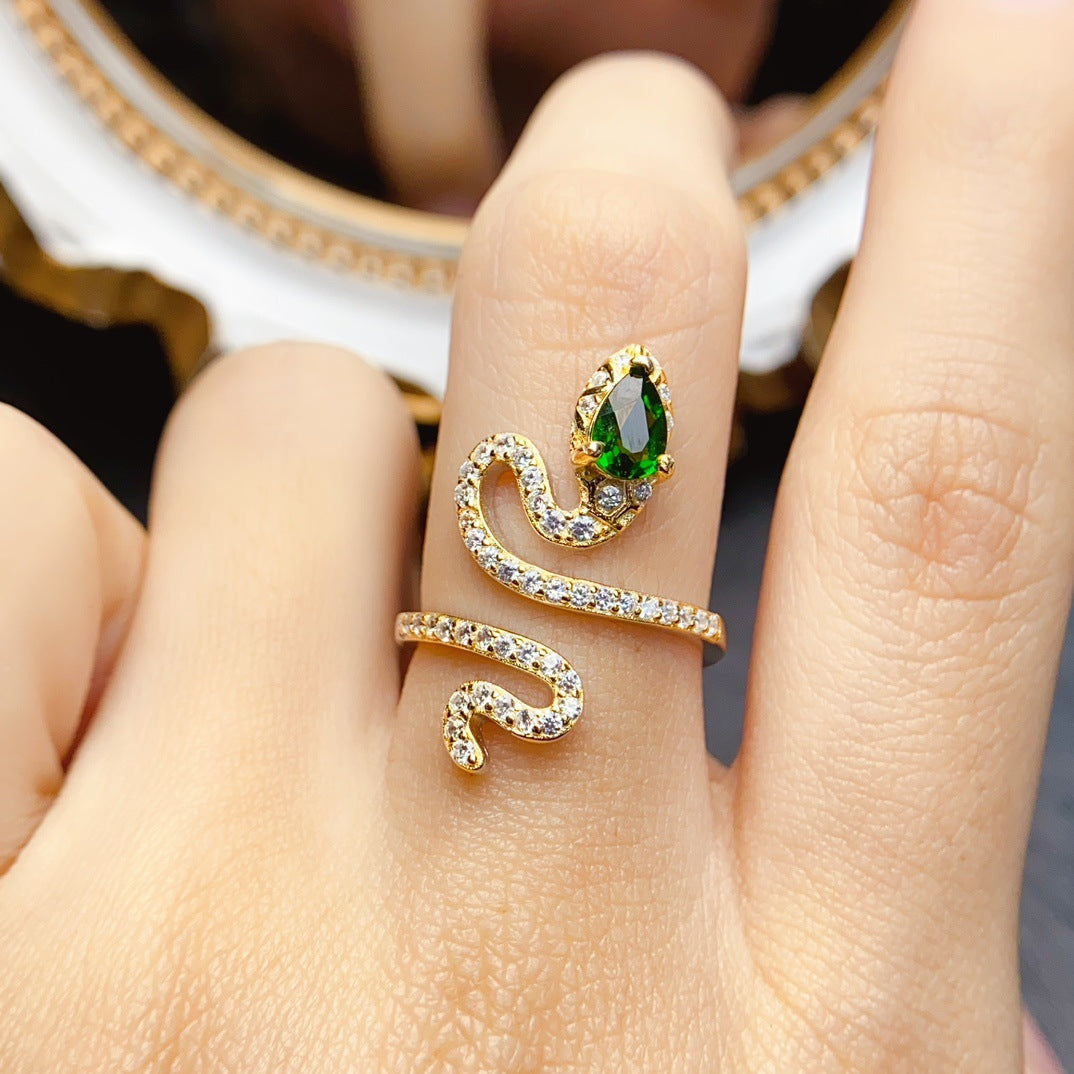 Women’s 925 Sterling Silver Adjustable Snake Ring with Natural Green Diopside