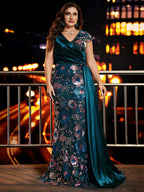 Women’s Black Elegant Floral Sequin Asymmetric Neck Short Sleeve Mermaid Maxi Dress with Satin Draped Detail
