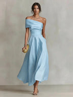 Women’s Yellow Elegant Satin One Shoulder Short Sleeve A-Line Midi Dress with Pockets