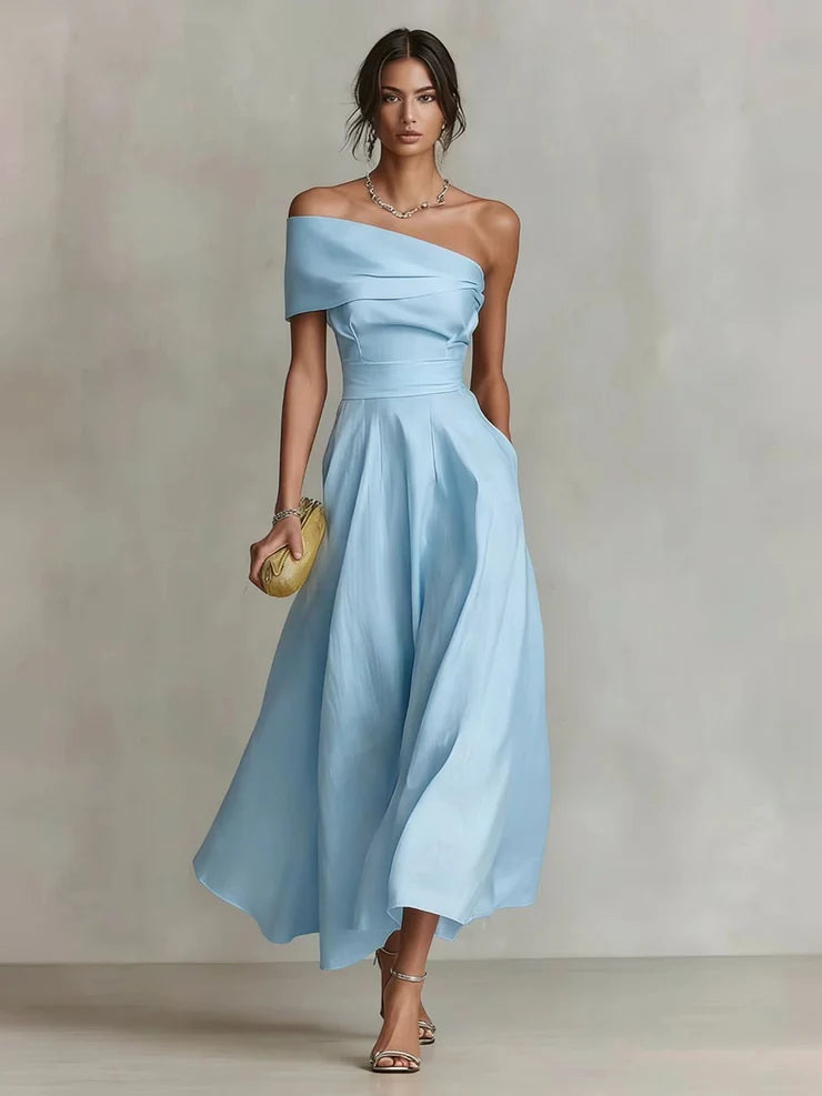 Women’s Yellow Elegant Satin One Shoulder Short Sleeve A-Line Midi Dress with Pockets