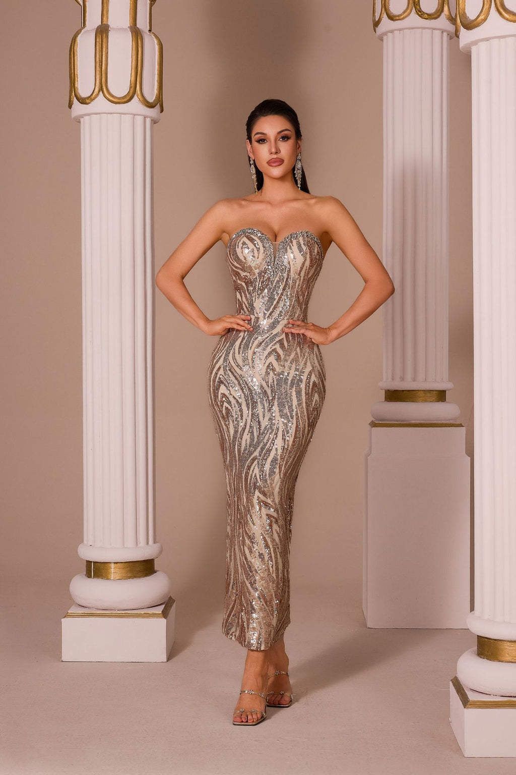 Women's Elegant Pink Sequin Strapless Sweetheart Neckline Lace-Up Back Bodycon Midi Cocktail Dress