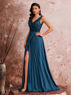 Women’s Teal Blue Elegant V-Neck Sleeveless Pleated A-Line Maxi Dress with Sequin Detail and High Slit
