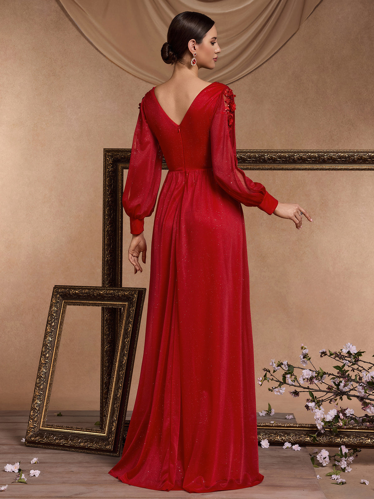 Women’s Red Elegant Glitter V-Neck Sheer Long Sleeve A-Line Maxi Dress with Floral Appliqué and High Slit