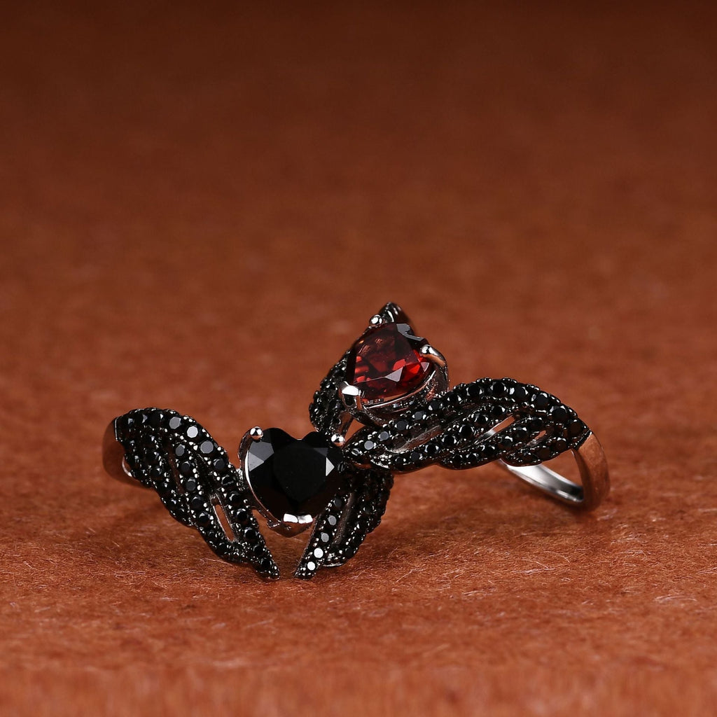 Women’s 925 Sterling Silver Heart Ring with Black Wings and Gemstone Center