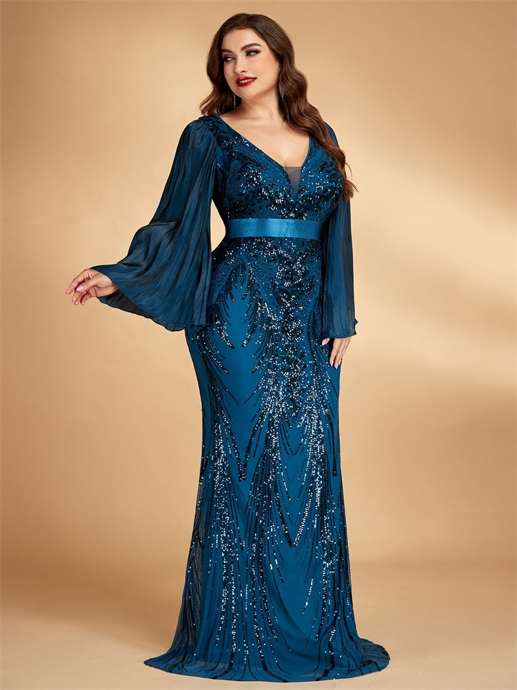 Women’s Teal Blue Elegant Sequin V-Neck Long Bell Sleeve Mermaid Maxi Dress with Pleated Chiffon Detail
