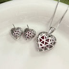 Women’s Romantic Heart-Cut Cubic Zirconia Pendant Necklace & Earrings Set with Halo Detail