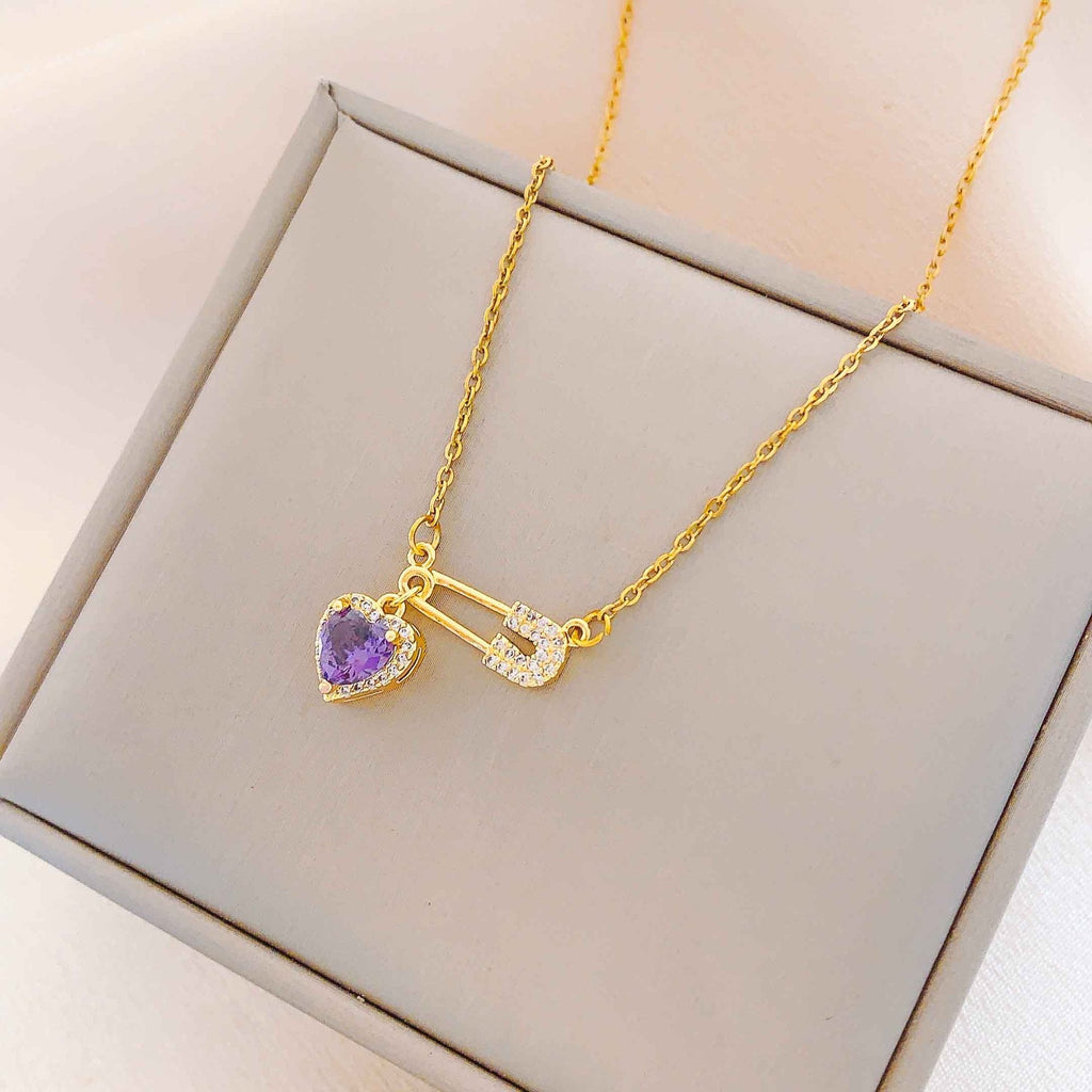 Women’s Dainty Safety Pin Necklace with Pink Heart and Sparkling Stone Detail