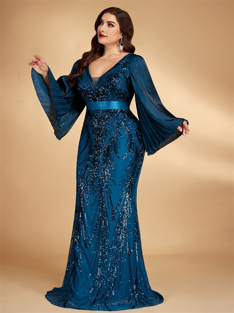 Women’s Teal Blue Elegant Sequin V-Neck Long Bell Sleeve Mermaid Maxi Dress with Pleated Chiffon Detail