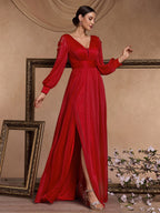 Women’s Red Elegant Glitter V-Neck Sheer Long Sleeve A-Line Maxi Dress with Floral Appliqué and High Slit
