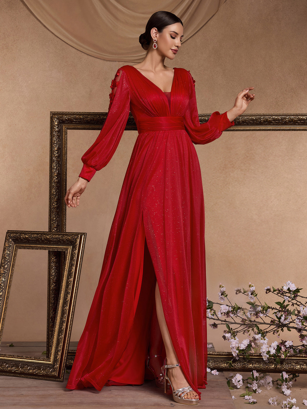 Women’s Red Elegant Glitter V-Neck Sheer Long Sleeve A-Line Maxi Dress with Floral Appliqué and High Slit