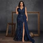 Women’s Navy Blue Elegant Sequin V-Neck Sleeveless Mermaid Maxi Dress with Floral Appliqué and Draped Detail