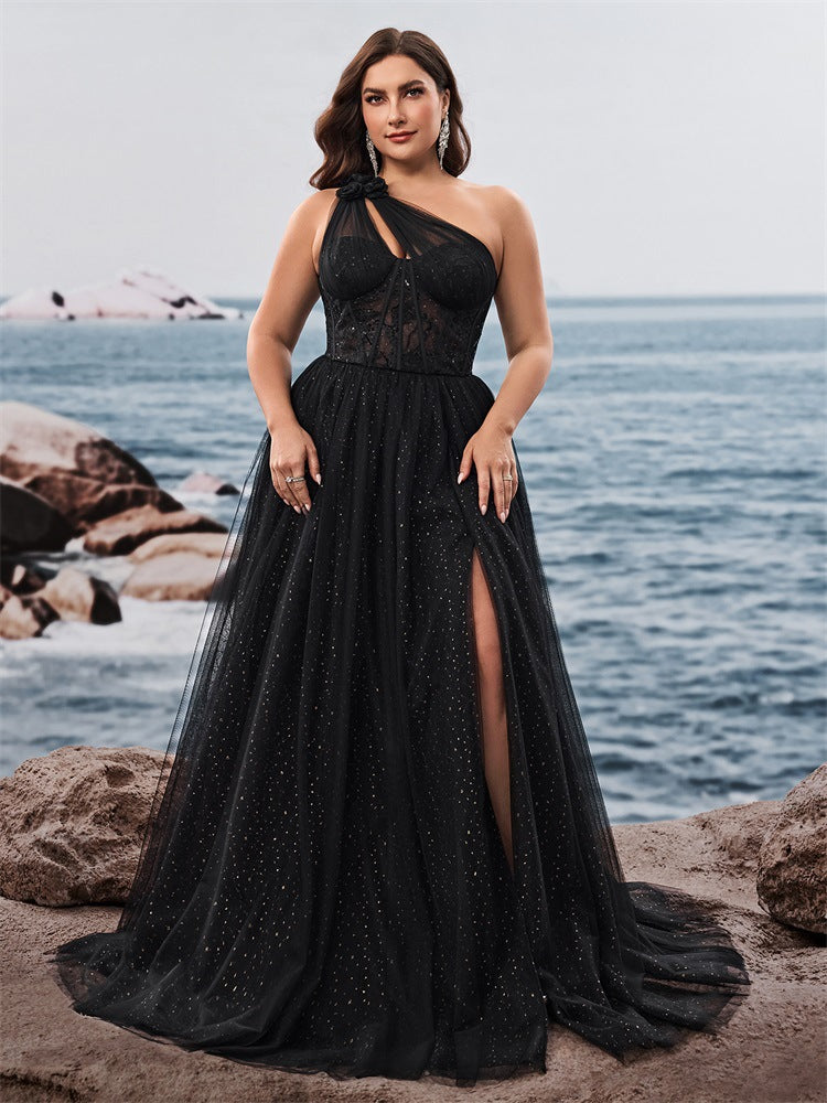 Women’s Black Glamorous Glitter One Shoulder Sleeveless A-Line Maxi Dress with Sheer Lace Corset and High Slit