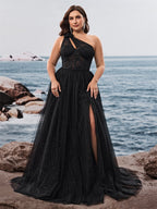 Women’s Black Glamorous Glitter One Shoulder Sleeveless A-Line Maxi Dress with Sheer Lace Corset and High Slit