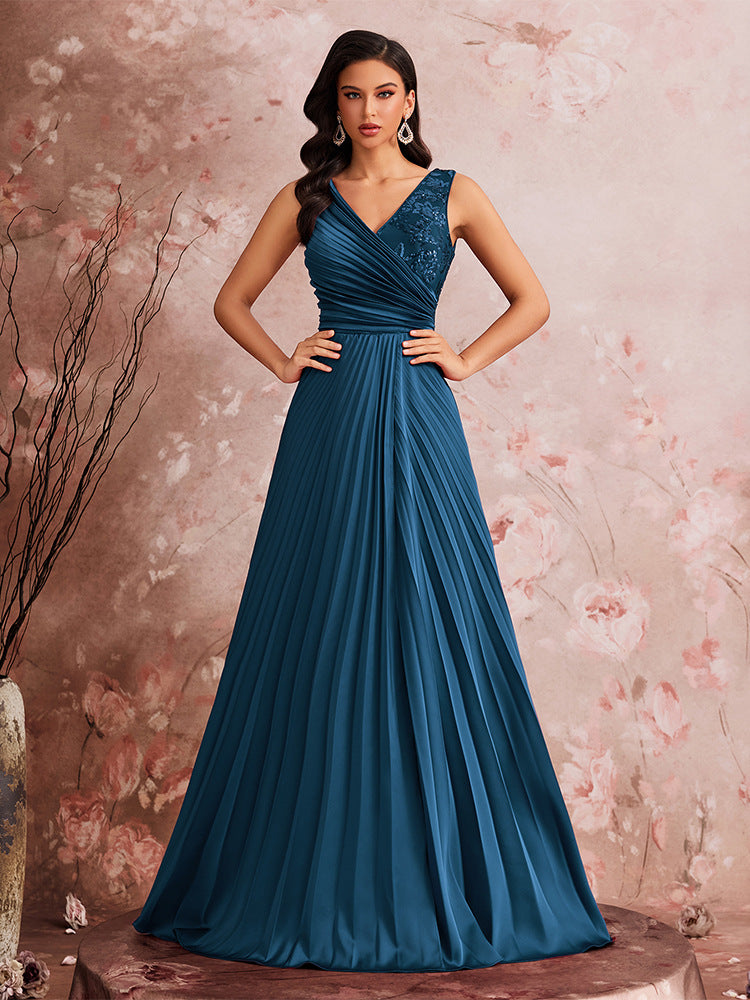 Women’s Teal Blue Elegant V-Neck Sleeveless Pleated A-Line Maxi Dress with Sequin Detail and High Slit