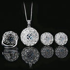 Women’s Luxury Blue Cubic Zirconia Necklace, Earrings & Adjustable Ring Set with Starburst Halo Detail